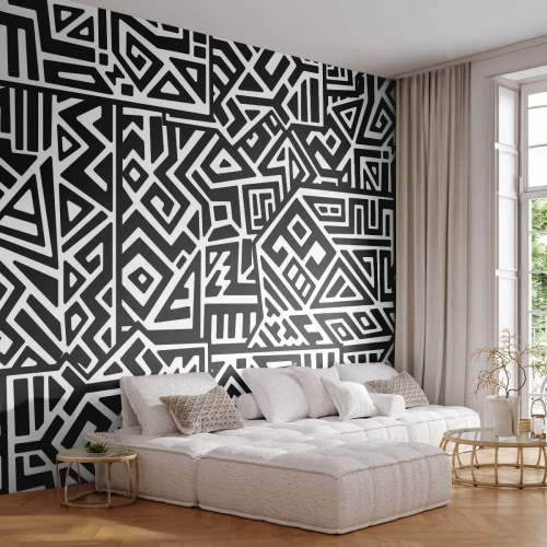 Fotomurali Premium Sand - Motivo in bianco e nero ispirato ai motivi tribali - 100x70cm - Composizione precolombiana - Decorazione murale moderna per soggiorno e camera da letto ARTTOR