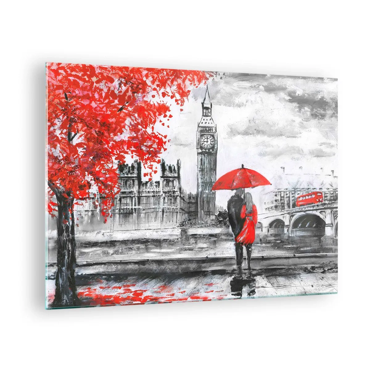 Quadro su vetro - Una coppia sotto un ombrello rosso con il Big Ben e gli alberi autunnali sullo sfondo. - 70x50cm - Innamorati a Londra - Decorazione murale moderna per soggiorno e camera da letto ARTTOR