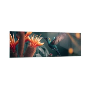 Quadro su vetro - Un colibrì colorato tra i fiori su uno sfondo naturale - 160x50cm - Una vita davvero a colori - Decorazione murale moderna per soggiorno e camera da letto ARTTOR