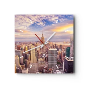 Orologio da parete - Orologio in Vetro - Panorama di una città moderna con grattacieli al tramonto - 30x30cm - Toccando le nuvole - Decorazione murale moderna per soggiorno e camera da letto ARTTOR