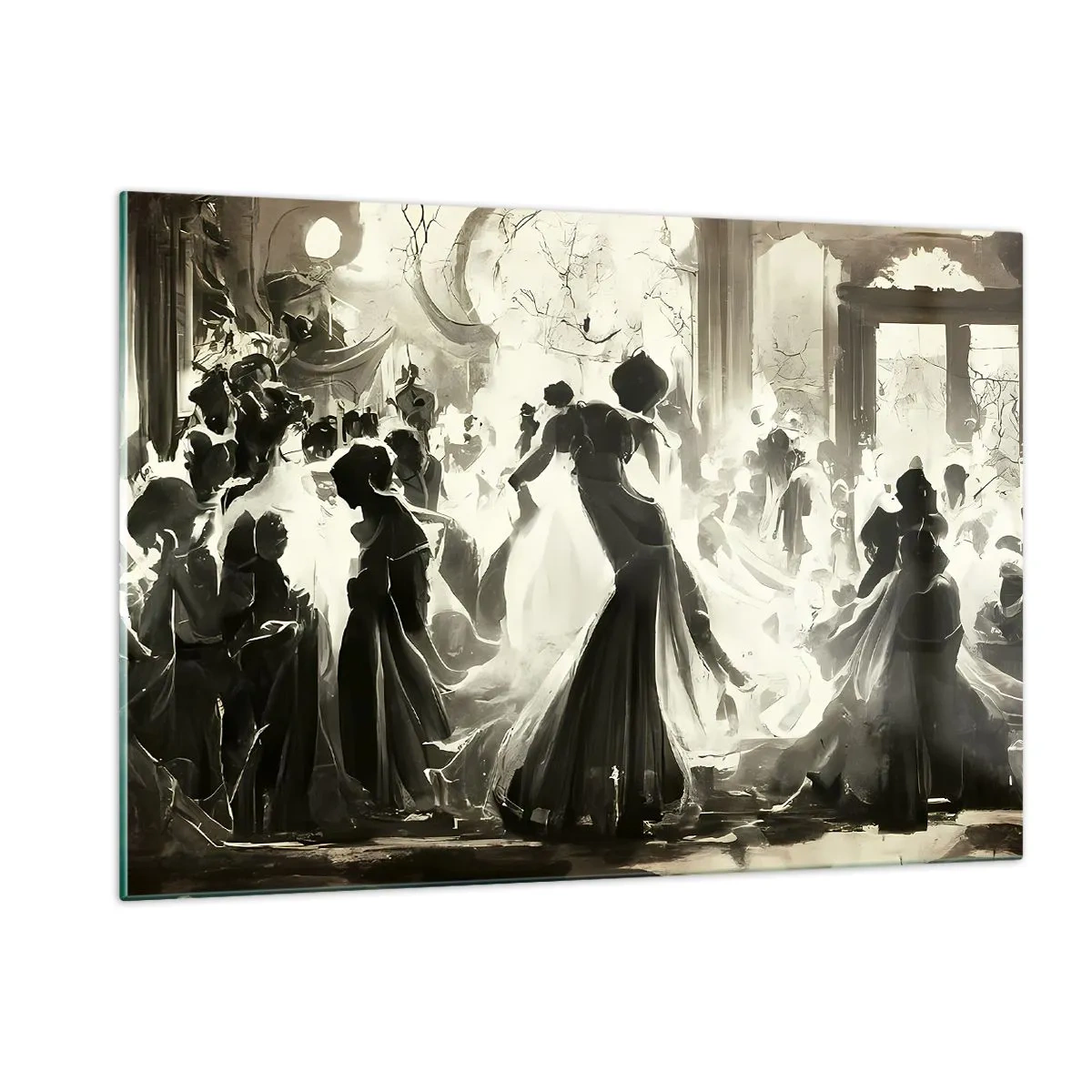 Quadro su vetro - Una scena da ballo in stile retrò con figure danzanti - 120x80cm - Il gran ballo in maschera - Decorazione murale moderna per soggiorno e camera da letto ARTTOR