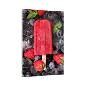 Quadro su vetro - Ghiacciolo rosso circondato da frutta e ghiaccio - 70x100cm - Il sapore della calda estate - Decorazione murale moderna per soggiorno e camera da letto ARTTOR