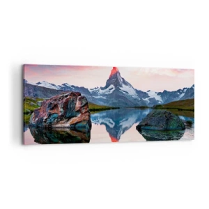 Quadro su tela - Stampe su Tela - Una cima di montagna riflessa in un lago al tramonto - 120x50cm - Il cuore dei monti è rovente - Decorazione murale moderna per soggiorno e camera da letto ARTTOR