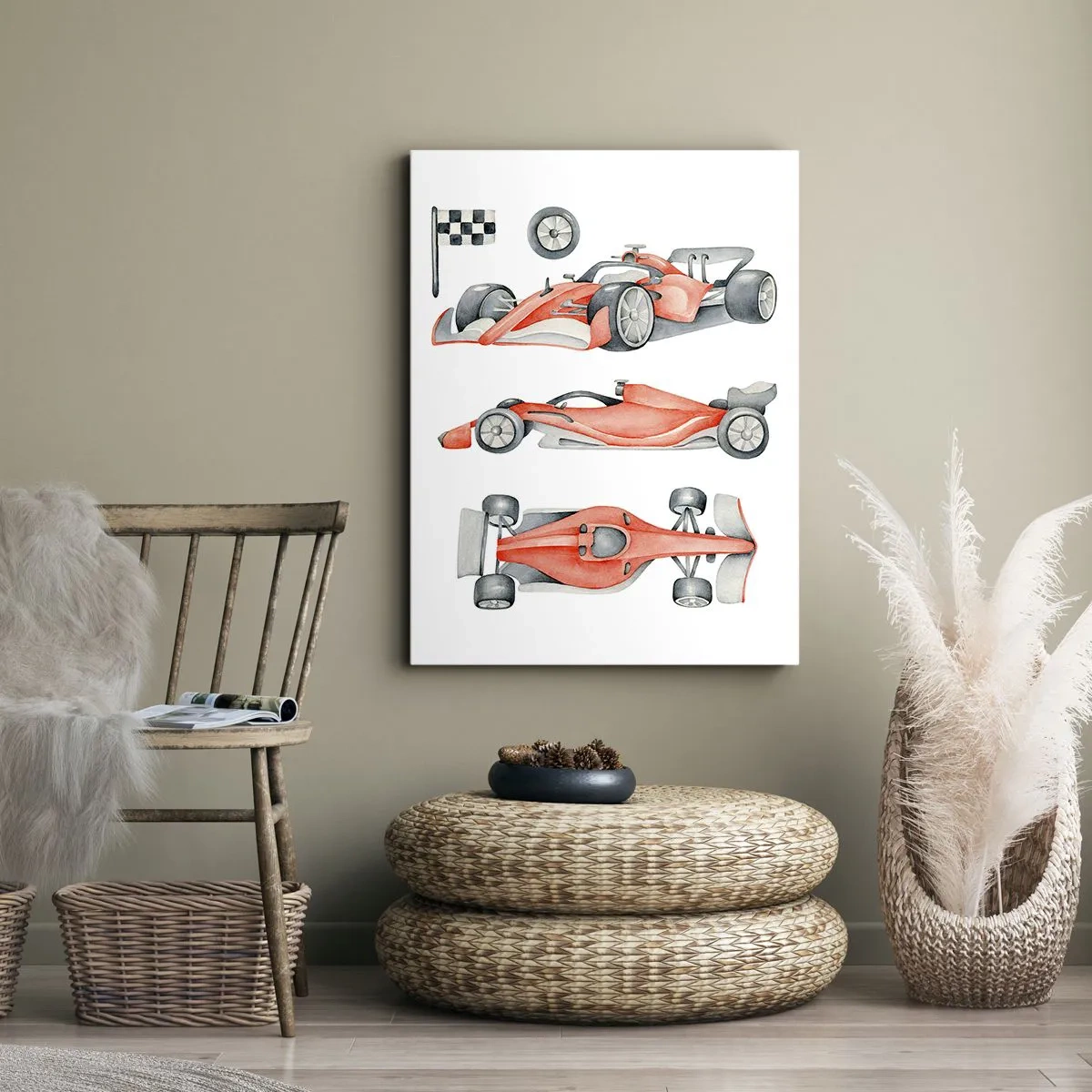 Quadro su tela - Stampe su Tela - Un'auto da corsa rossa con una bandiera a scacchi - 50x70cm - Inseguendo i sogni - Decorazione murale moderna per soggiorno e camera da letto ARTTOR