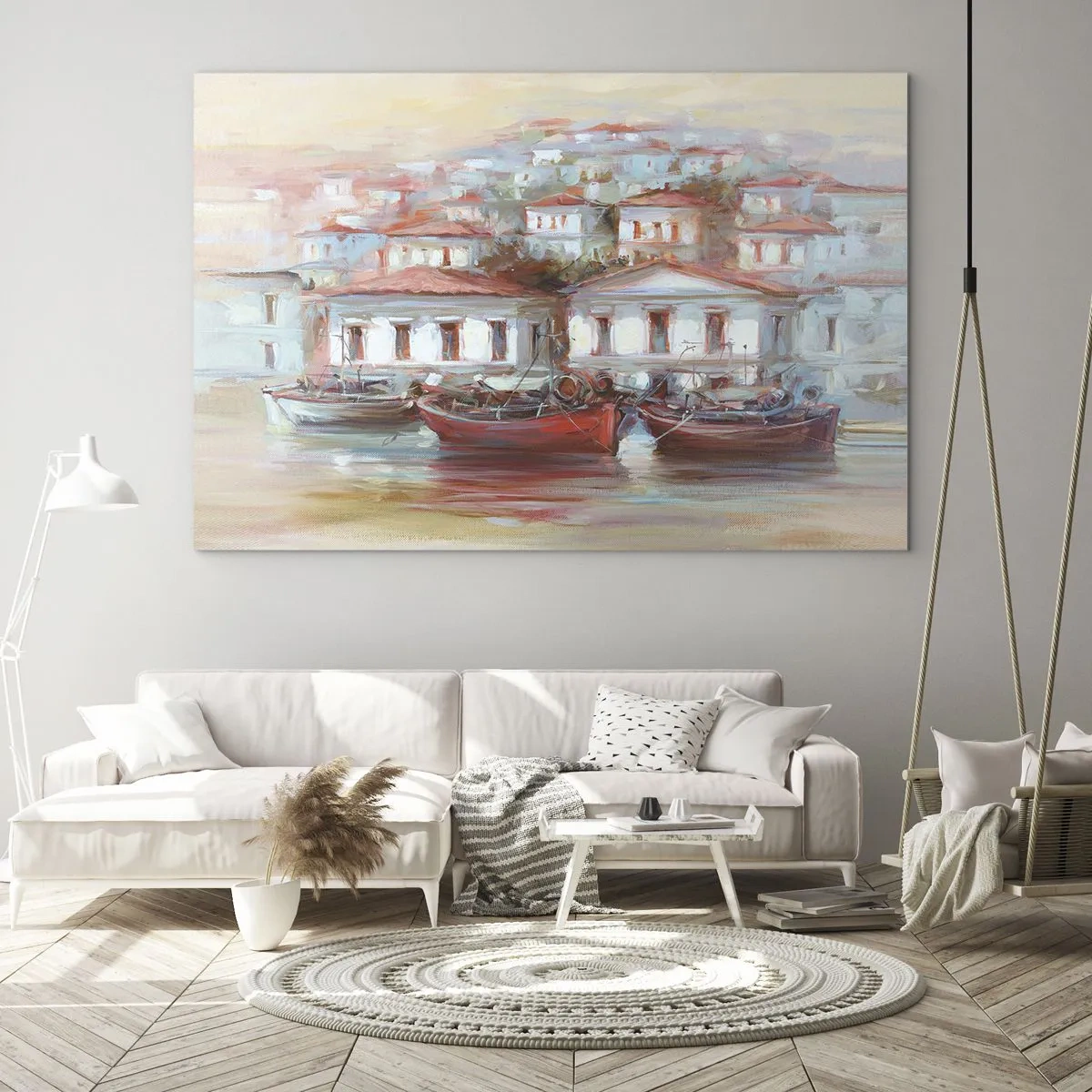 Quadro su vetro - Una pittoresca cittadina con barche nel porto al tramonto - 70x50cm - Cittadina felice - Decorazione murale moderna per soggiorno e camera da letto ARTTOR