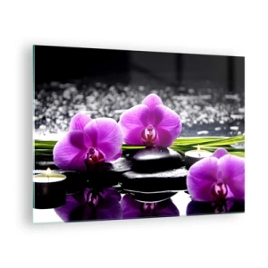 Quadro su vetro - Orchidee viola con pietre e candele su uno sfondo d'acqua - 70x50cm - Annegare nel silenzio e nella pace - Decorazione murale moderna per soggiorno e camera da letto ARTTOR