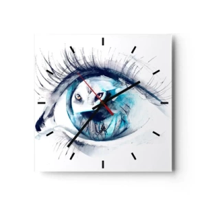 Orologio da parete - Orologio in Vetro - Un occhio con l'immagine di un gufo in tonalità di blu acquerellate - 30x30cm - Faccia a faccia con la natura selvaggia - Decorazione murale moderna per soggiorno e camera da letto ARTTOR