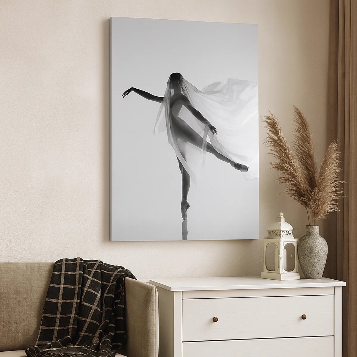 Quadro su tela - Stampe su Tela - Una ballerina in una posa eterea con tessuto fluido - 50x70cm - Leggerezza ed eleganza - Decorazione murale moderna per soggiorno e camera da letto ARTTOR