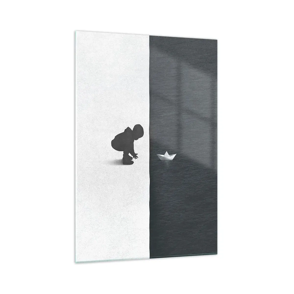 Quadro su vetro - La figura di un bambino con una barchetta di carta su uno sfondo di metà contrastanti - 70x100cm - La grande spedizione - Decorazione murale moderna per soggiorno e camera da letto ARTTOR