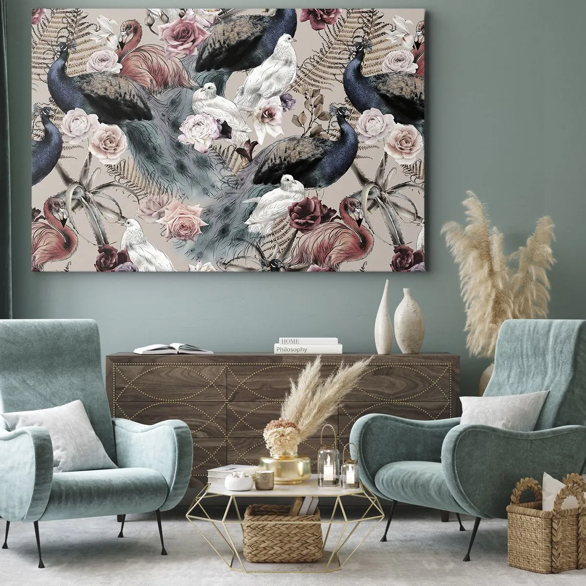 Quadro su tela - Stampe su Tela - Un paesaggio con piume di pavone, rose e uccelli in stile romantico. - 70x50cm - Nel giardino del palazzo - Decorazione murale moderna per soggiorno e camera da letto ARTTOR