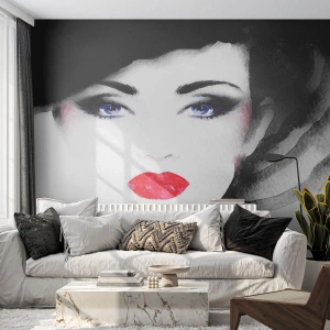 Fotomurali Autoadesivo Deluxe Sticker - Respinge e richiama - Volto di donna, labbra rosse, Occhi azzurri - 300x210 cm