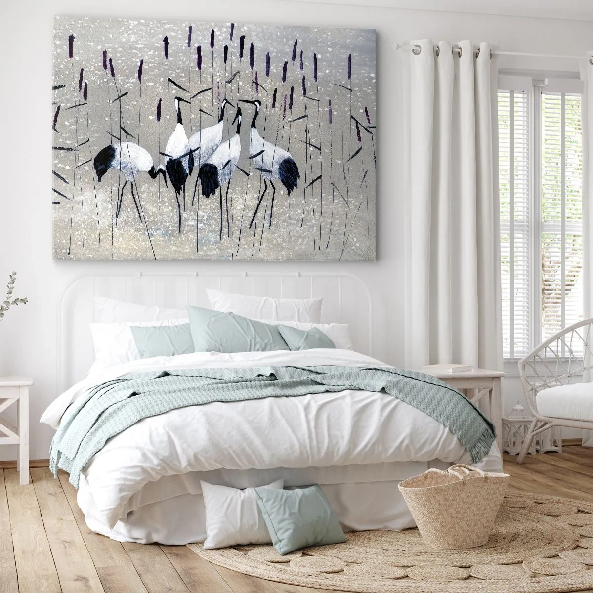 Quadro su tela - Stampe su Tela - Aironi nell'erba su uno sfondo tranquillo - 120x80cm - Tra i suoi - Decorazione murale moderna per soggiorno e camera da letto ARTTOR