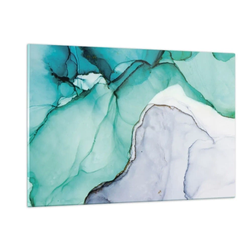 Quadro su vetro - Un dipinto astratto nei toni del turchese e del bianco, con delicate crepe. - 120x80cm - Studio in turchese - Decorazione murale moderna per soggiorno e camera da letto ARTTOR