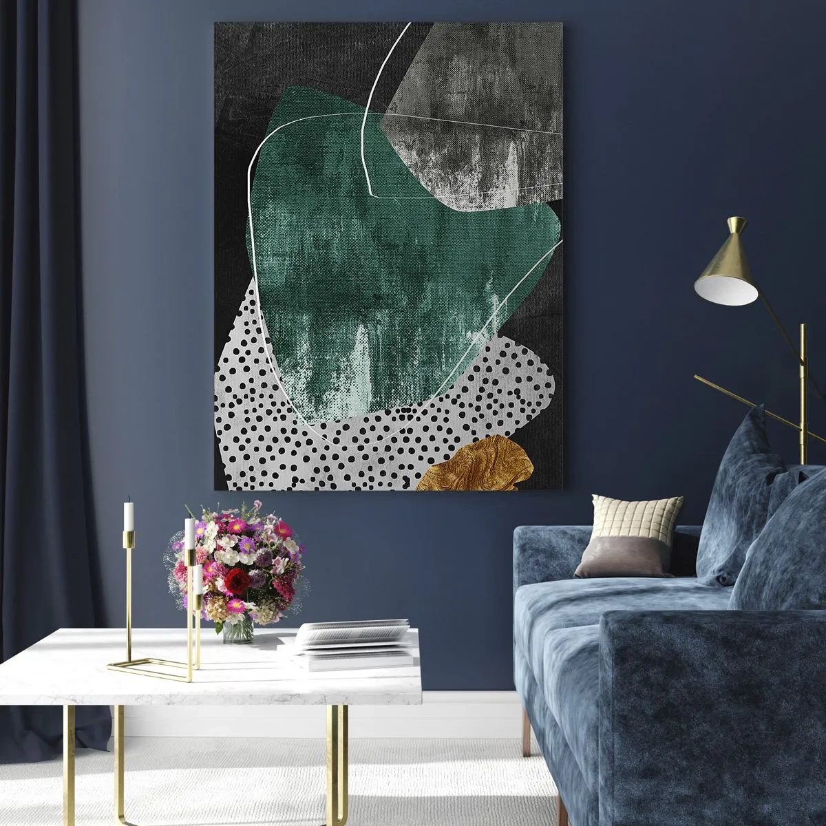 Quadro su vetro - Composizione astratta con forme verdi e motivi a pois - 80x120cm - Astrazione colorata con petalo d'oro - Decorazione murale moderna per soggiorno e camera da letto ARTTOR