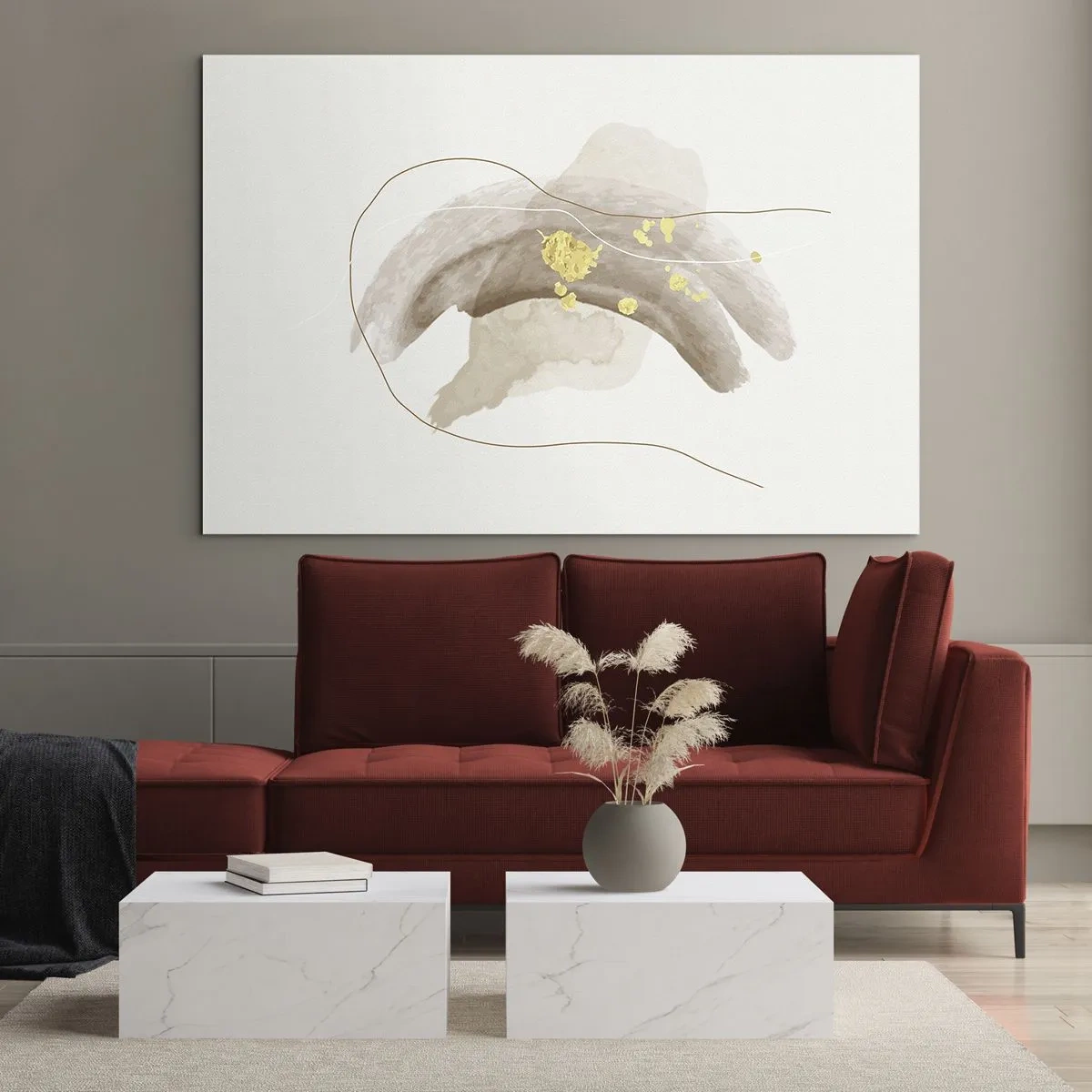 Quadro su vetro - Astrazione beige e oro con linee e forme delicate - 100x70cm - Incontro nello spazio - Decorazione murale moderna per soggiorno e camera da letto ARTTOR