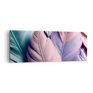 Quadro su tela - Stampe su Tela - Piume colorate in tonalità pastello su uno sfondo chiaro - 140x50cm - Eleganza per uccelli - Decorazione murale moderna per soggiorno e camera da letto ARTTOR
