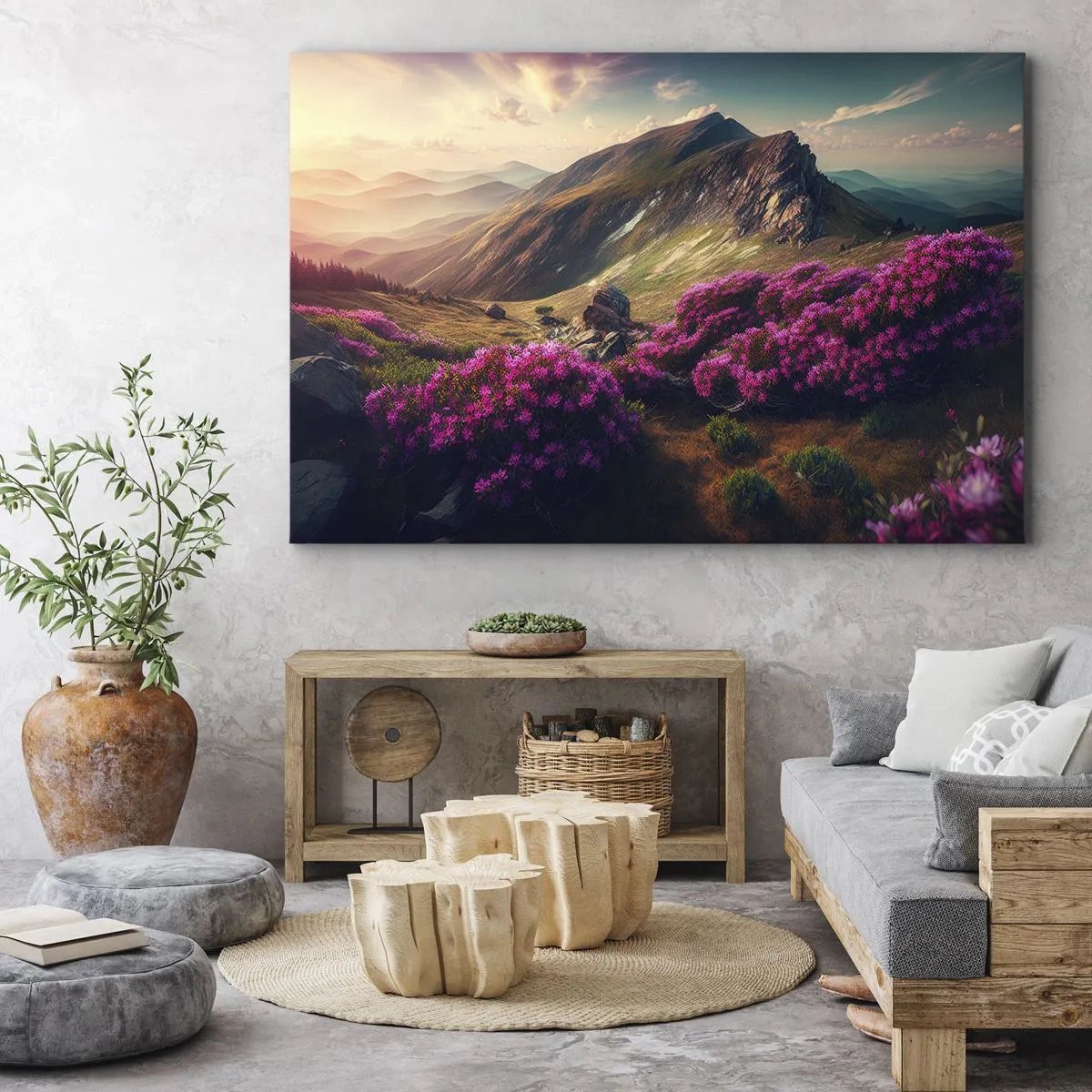 Quadro su tela - Stampe su Tela - Paesaggio montano con rododendri in fiore - 70x50cm - L'estate sui monti - Decorazione murale moderna per soggiorno e camera da letto ARTTOR
