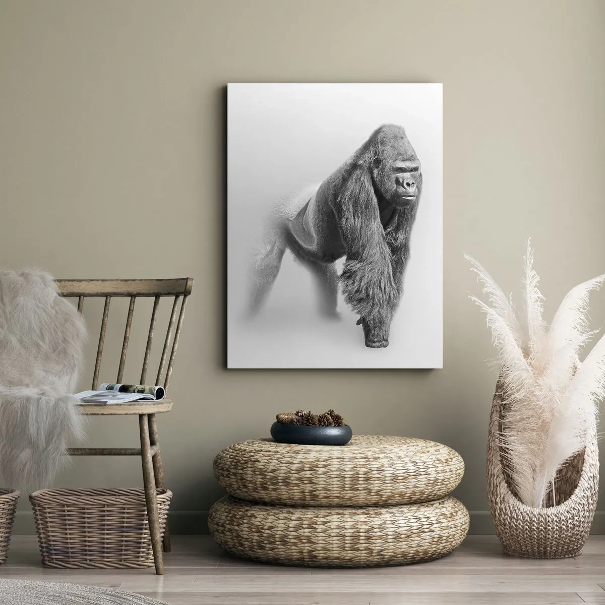 Quadro su tela - Stampe su Tela - Gorilla in toni monocromatici su sfondo bianco - 80x120cm - Sicuro della propria forza - Decorazione murale moderna per soggiorno e camera da letto ARTTOR