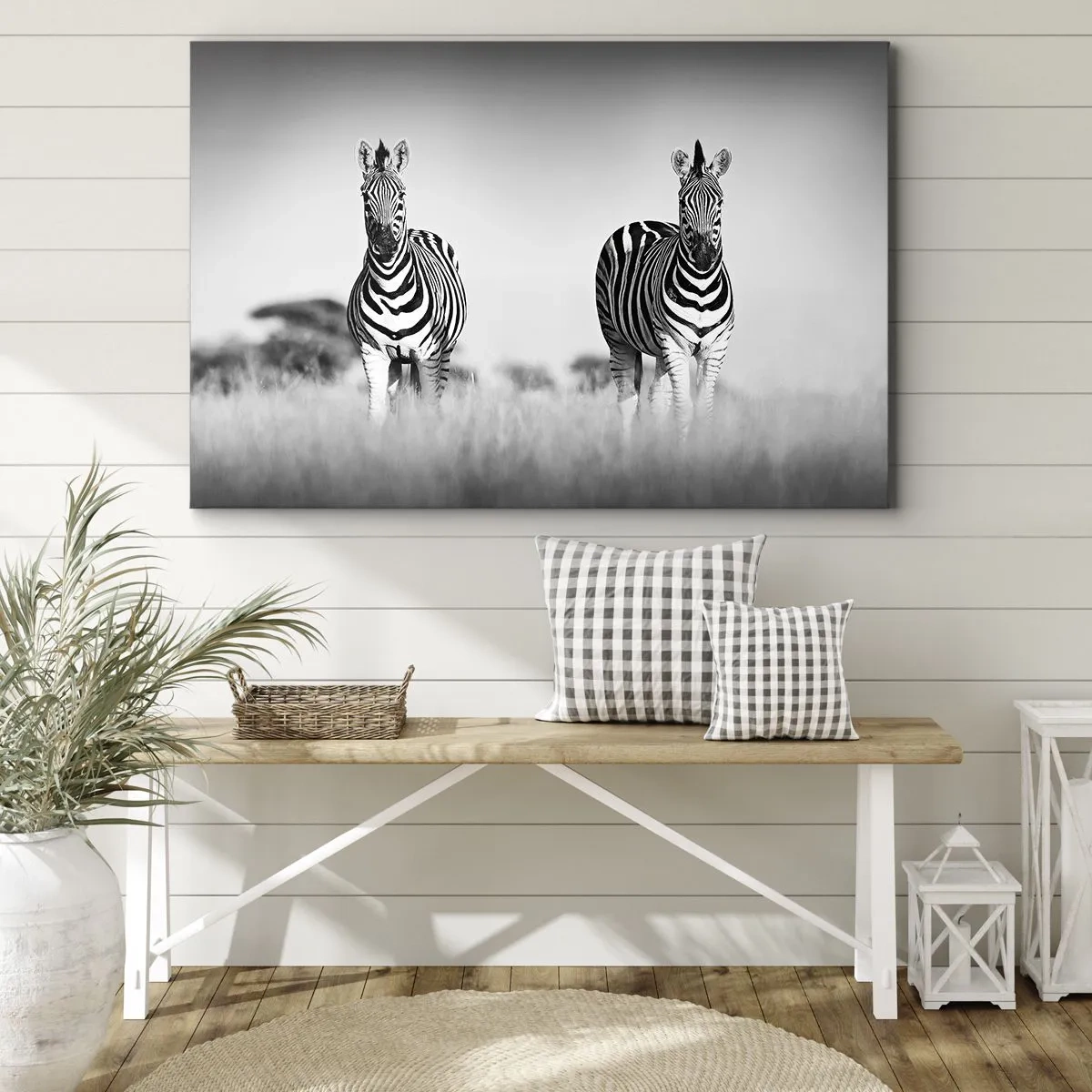 Quadro su tela - Stampe su Tela - Due zebre nella savana in stile monocromatico - 120x80cm - E tuttavia il mondo è bianco e nero - Decorazione murale moderna per soggiorno e camera da letto ARTTOR
