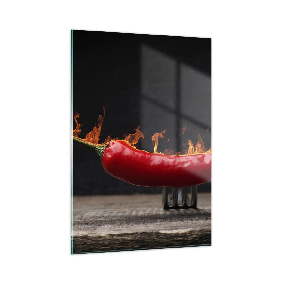 Quadro su vetro - Peperoncino rosso bruciante su sfondo nero - 50x70cm - Stuzzichino infuocato - Decorazione murale moderna per soggiorno e camera da letto ARTTOR