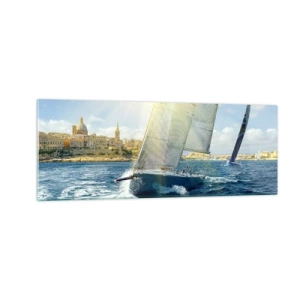Quadro su vetro - Gara di yacht sullo sfondo di una costa soleggiata - 140x50cm - Tempo di lasciare la città - Decorazione murale moderna per soggiorno e camera da letto ARTTOR