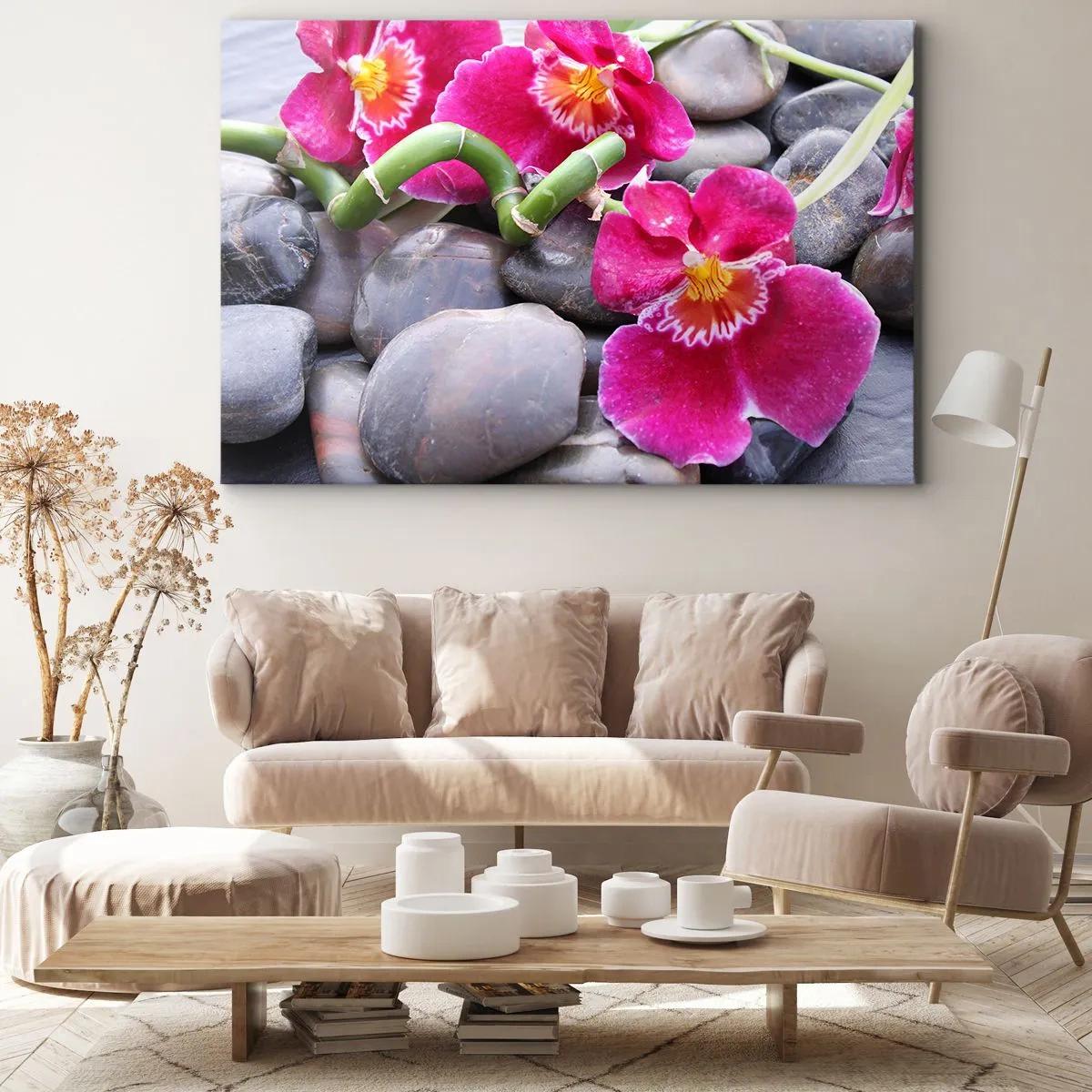 Quadro su tela - Stampe su Tela - Orchidee rosa su uno sfondo di pietre lisce - 70x50cm - Fresco e calore - Decorazione murale moderna per soggiorno e camera da letto ARTTOR