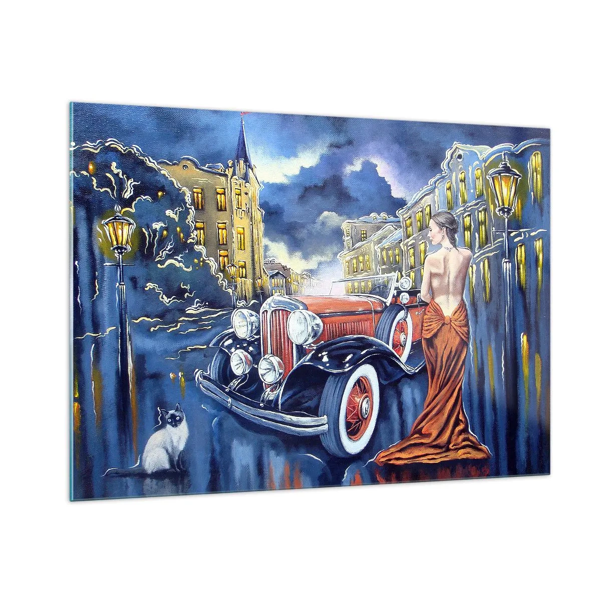 Quadro su vetro - Una donna in un abito elegante accanto a un'auto d'epoca - 100x70cm - Notturno in blu e coralli - Decorazione murale moderna per soggiorno e camera da letto ARTTOR
