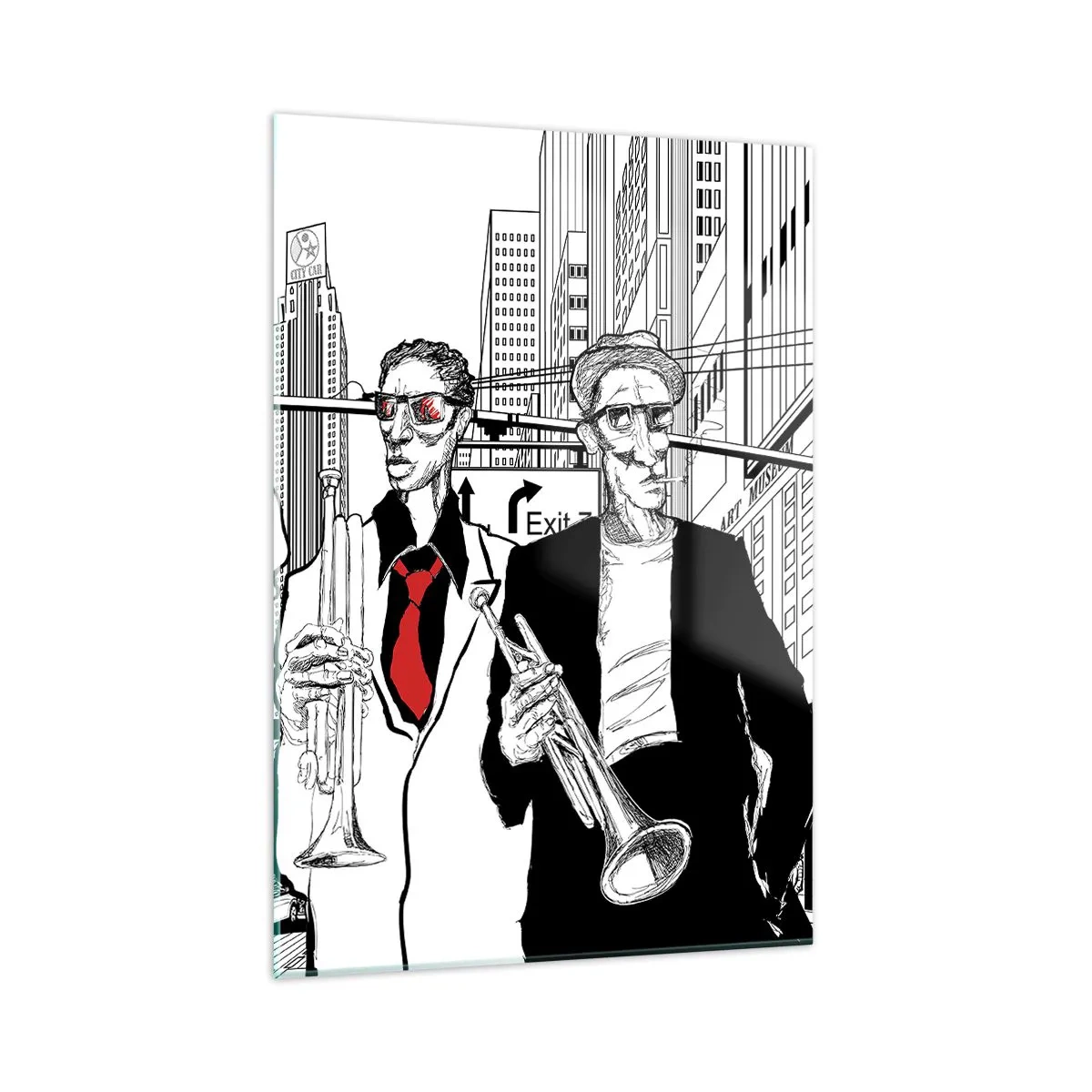 Quadro su vetro - Una street band jazz con uno stile grafico moderno. - 50x70cm - Rapsodia cittadina in nero e rosso - Decorazione murale moderna per soggiorno e camera da letto ARTTOR