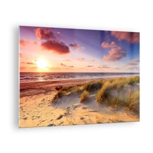Quadro su vetro - Spiaggia con dune al tramonto - 70x50cm - L'aria già profuma di estate - Decorazione murale moderna per soggiorno e camera da letto ARTTOR