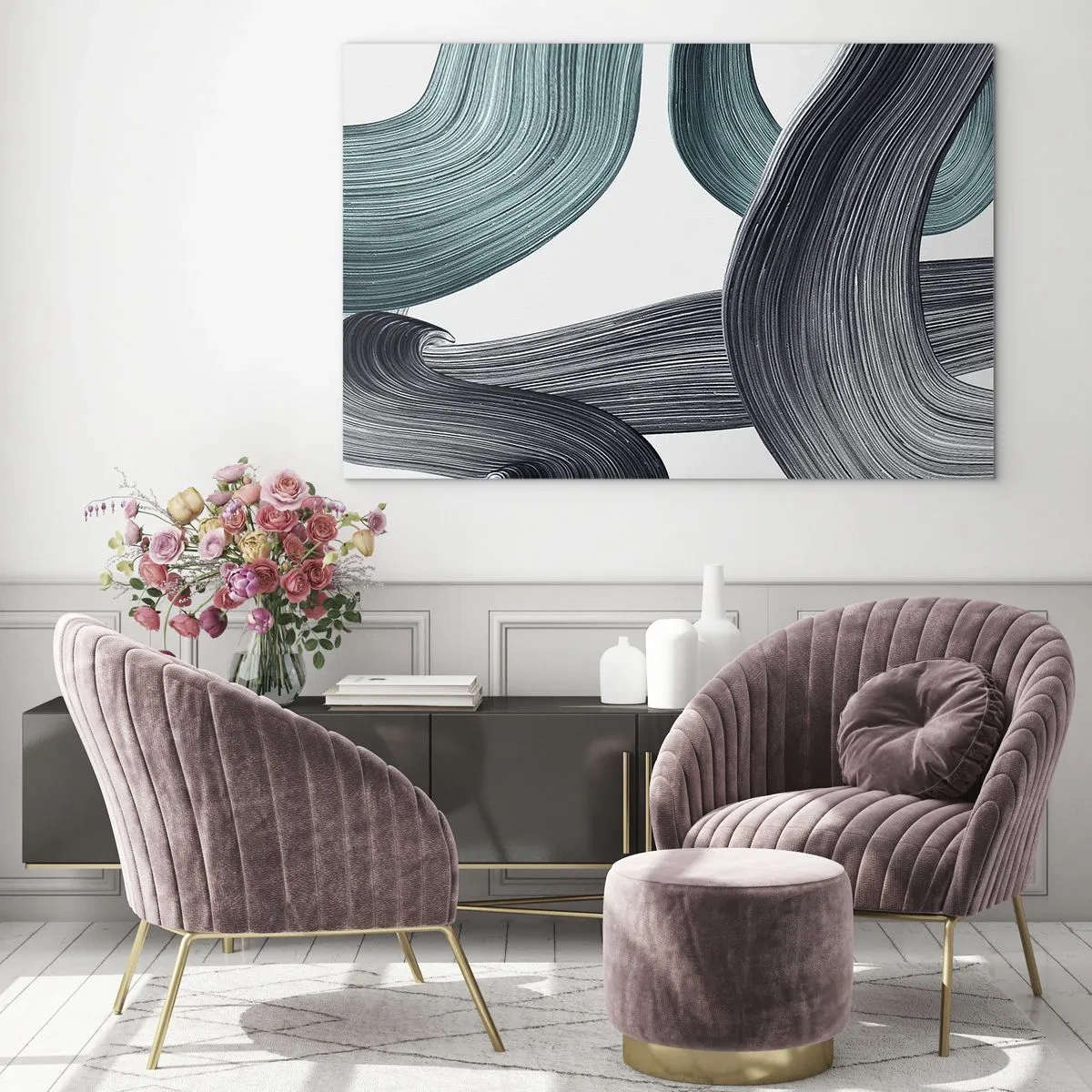 Quadro su vetro - Striature dinamiche nei toni dello smeraldo e del nero su sfondo bianco - 70x50cm - Tracce smeraldo e nero - Decorazione murale moderna per soggiorno e camera da letto ARTTOR