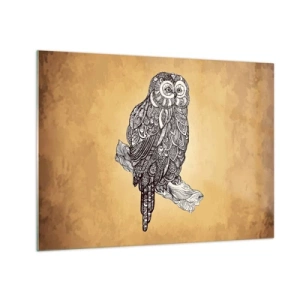 Quadro su vetro - Gufo in stile ornamentale su sfondo seppia - 70x50cm - Delicati ghirigori di saggezza - Decorazione murale moderna per soggiorno e camera da letto ARTTOR