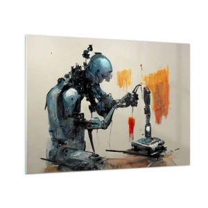 Quadro su vetro - Un robot che dipinge una mano meccanica su uno sfondo astratto. - 70x50cm - È già domani... - Decorazione murale moderna per soggiorno e camera da letto ARTTOR
