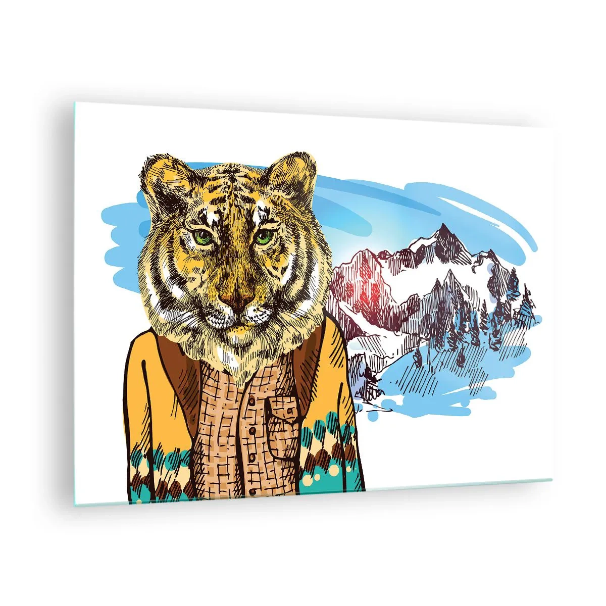 Quadro su vetro - Una tigre con un gilet sullo sfondo di un paesaggio montano - 70x50cm - Non così selvaggia come la si dipinge - Decorazione murale moderna per soggiorno e camera da letto ARTTOR