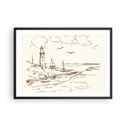 Poster in cornice nera - Schizzo di un faro che domina il mare - 70x50cm - Schizzo dei ricordi d'estate - Decorazione murale moderna per soggiorno e camera da letto ARTTOR