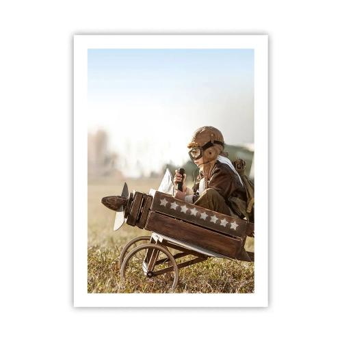Poster - Un bambino su un aeroplano di legno con le stelle sullo sfondo - 50x70cm - Decollo verso i sogni - Decorazione murale moderna per soggiorno e camera da letto ARTTOR
