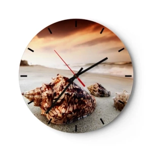 Orologio da parete - Orologio in Vetro - Conchiglie sulla spiaggia sotto i raggi del sole al tramonto - 30x30cm - Esiliate dalle onde - Decorazione murale moderna per soggiorno, cucina e camera da letto ARTTOR