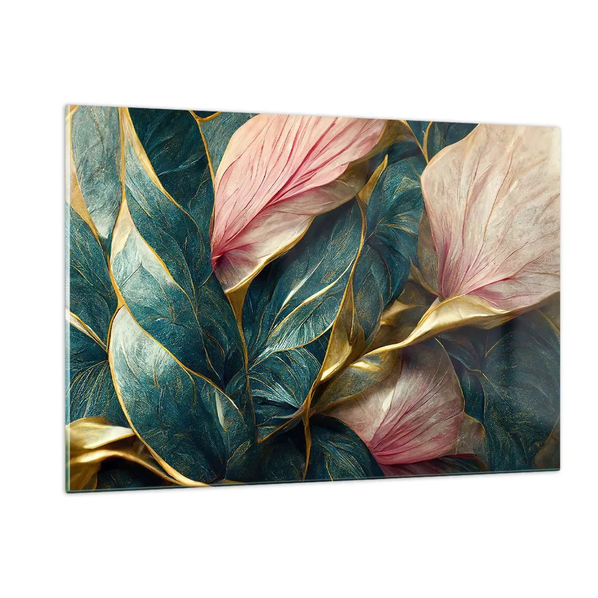 Quadro su vetro - Foglie verdi e rosa con accenti dorati - 120x80cm - Stile ed eleganza naturali - Decorazione murale moderna per soggiorno e camera da letto ARTTOR