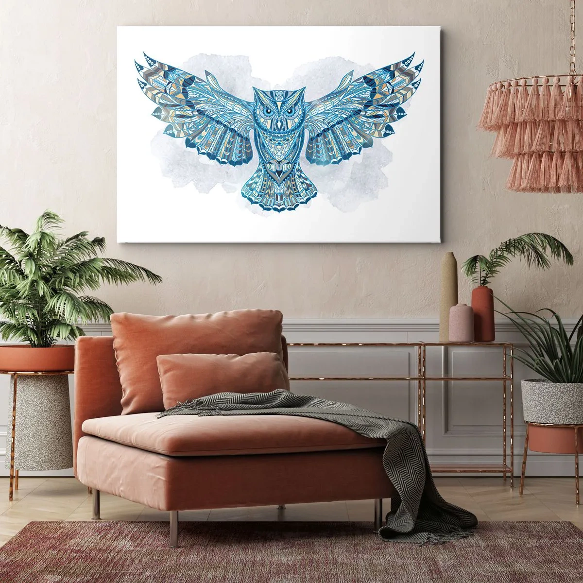 Quadro su tela - Stampe su Tela - Gufo decorativo nei toni del blu - 70x50cm - Dal bosco sacro celtico - Decorazione murale moderna per soggiorno e camera da letto ARTTOR