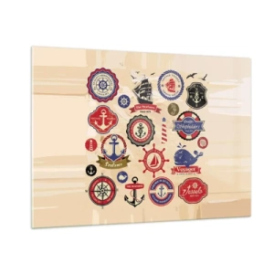 Quadro su vetro - Emblemi e simboli nautici su sfondo beige - 100x70cm - Fratellanza di vela - Decorazione murale moderna per soggiorno e camera da letto ARTTOR