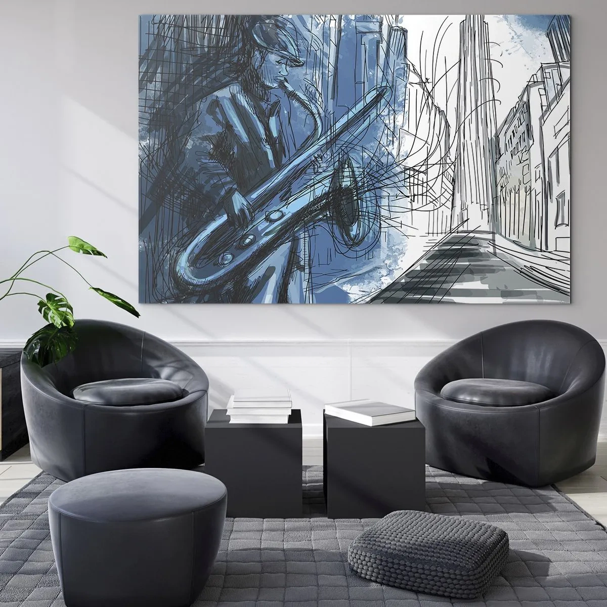 Quadro su vetro - Sassofonista jazz in un ambiente urbano dai toni blu - 70x50cm - Rapsodia urbana - Decorazione murale moderna per soggiorno e camera da letto ARTTOR