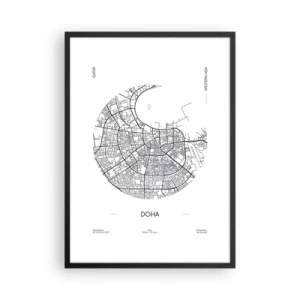 Poster in cornice nera - Una mappa minimalista in bianco e nero di Doha - 50x70cm - Anatomia di Doha - Decorazione murale moderna per soggiorno e camera da letto ARTTOR