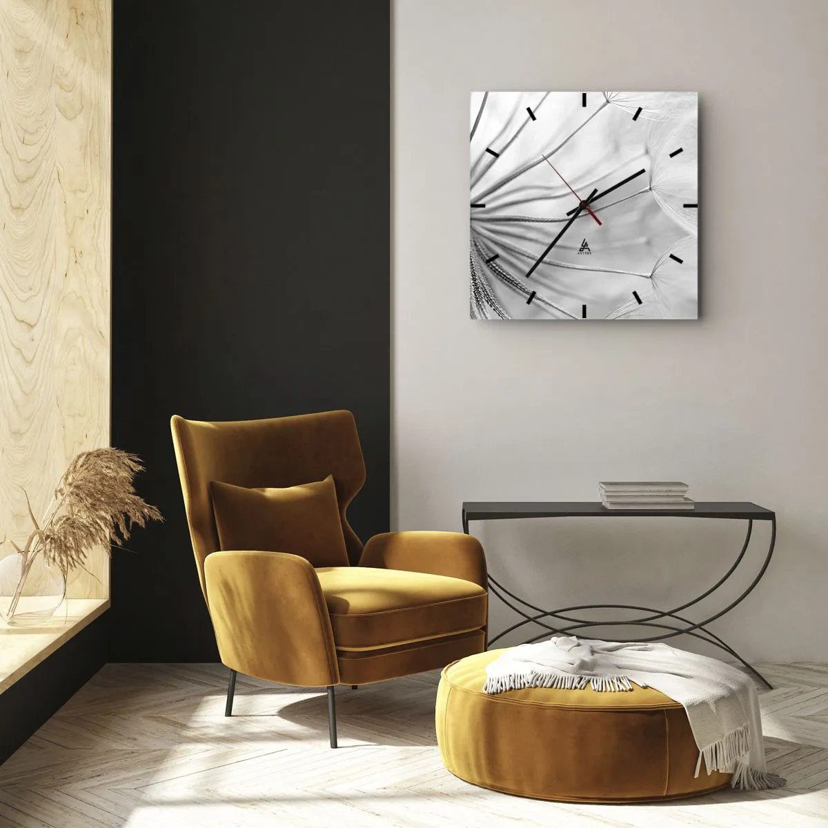 Orologio da parete - Orologio in Vetro - Delicati denti di leone nei toni del bianco e del nero - 30x30cm - Denti di leone, aquiloni - Decorazione murale moderna per soggiorno e camera da letto ARTTOR