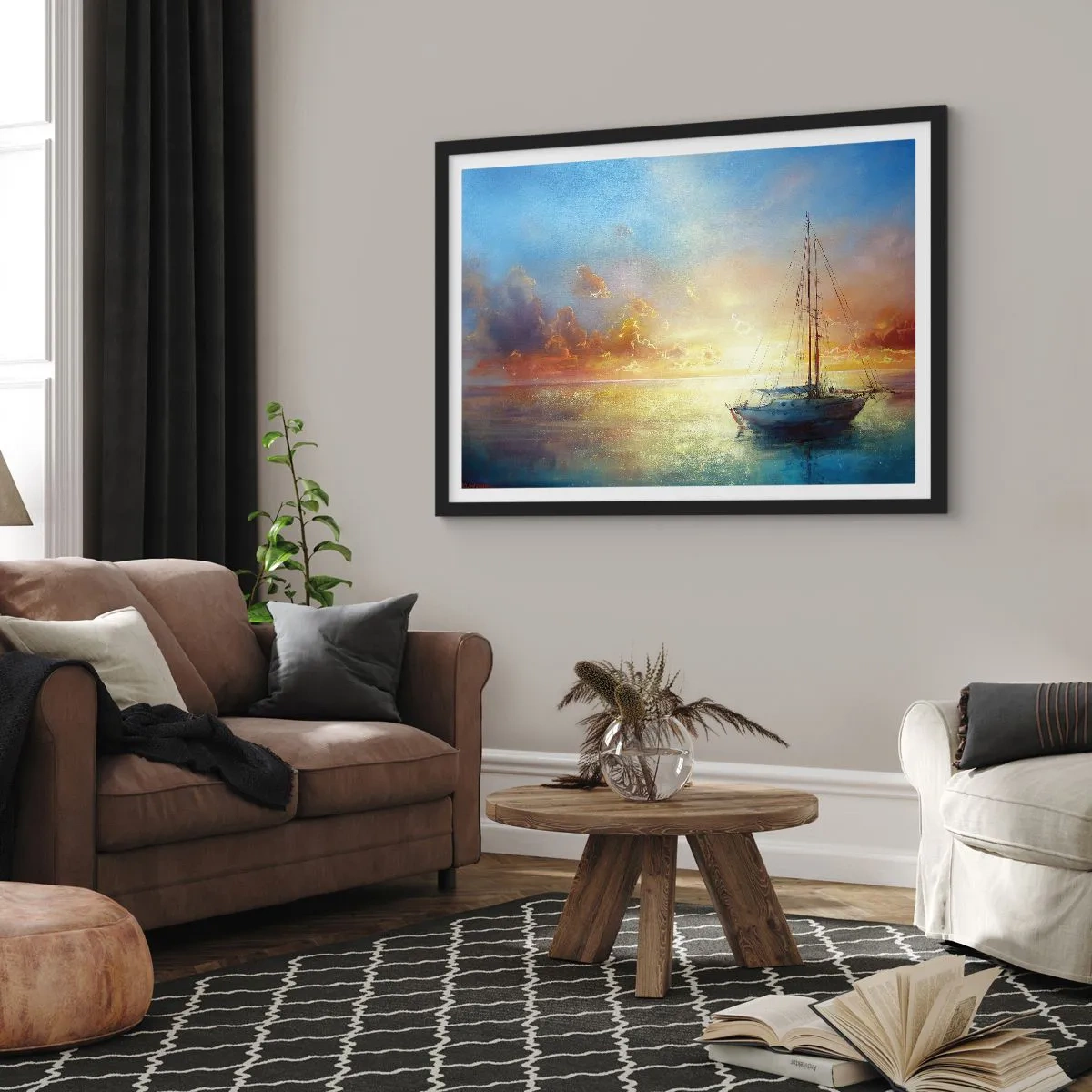 Poster in cornice nera - Uno yacht su un mare calmo al tramonto - 100x70cm - Nella baia dorata - Decorazione murale moderna per soggiorno e camera da letto ARTTOR