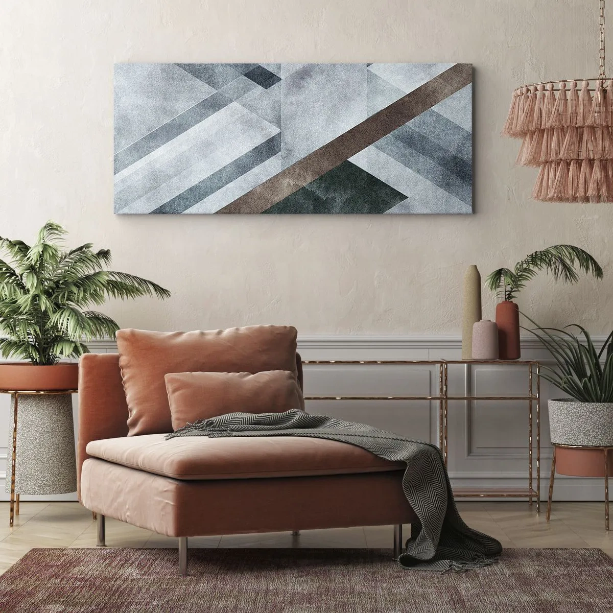 Quadro su tela - Stampe su Tela - Forme geometriche in tonalità fredde di blu e marrone - 160x50cm - La ricercata eleganza della geometria - Decorazione murale moderna per soggiorno e camera da letto ARTTOR