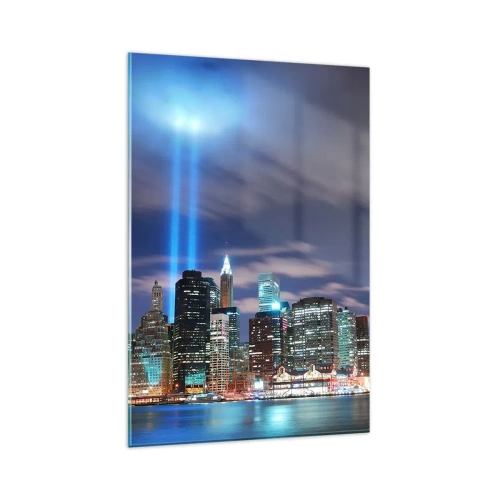Quadro su vetro - Panorama notturno della città con due fasci di luce luminosi nel cielo - 80x120cm - Toccare il cielo con la luce - Decorazione murale moderna per soggiorno e camera da letto ARTTOR