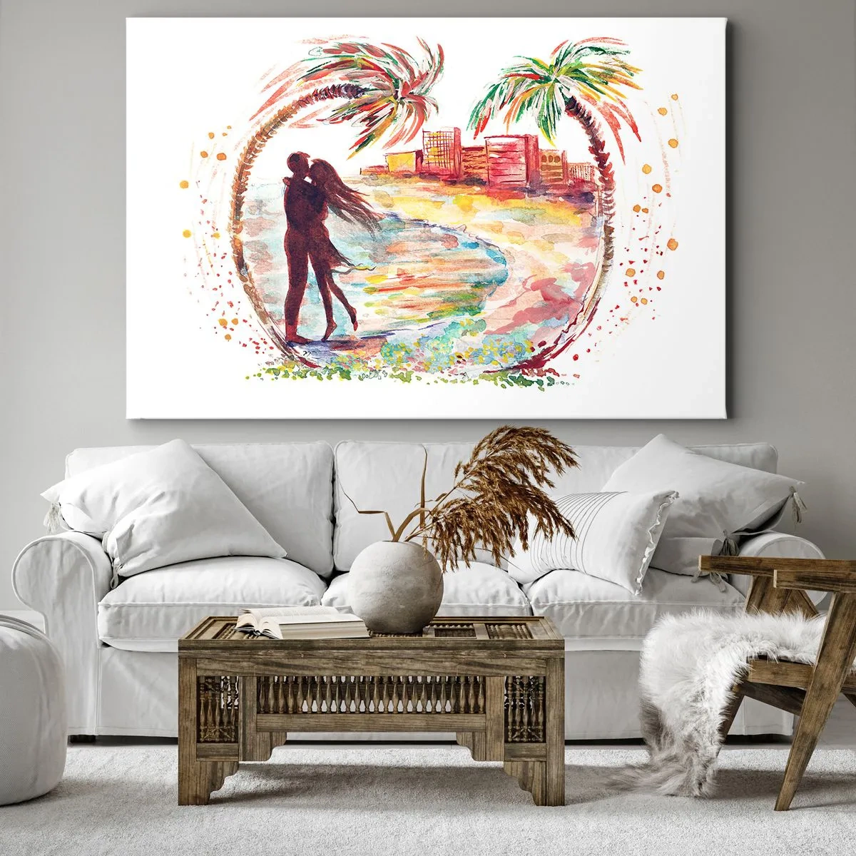 Quadro su tela - Stampe su Tela - Scena romantica di coppia su una spiaggia con palme in acquerello - 70x50cm - Vacanze romantiche - Decorazione murale moderna per soggiorno e camera da letto ARTTOR