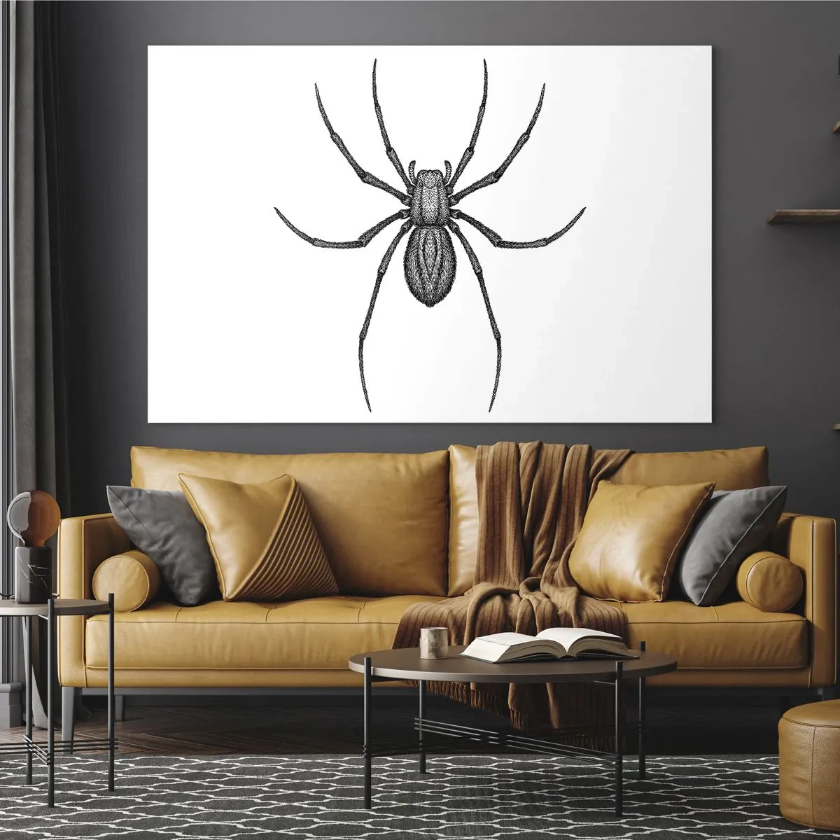 Quadro su vetro - Illustrazione in stile retrò di un ragno nero su sfondo bianco - 70x50cm - Precisione inquietante - Decorazione murale moderna per soggiorno e camera da letto ARTTOR