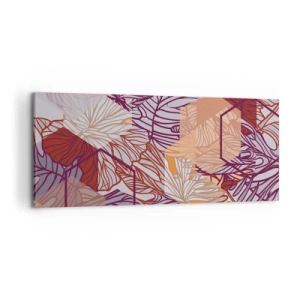 Quadro su tela - Stampe su Tela - Un motivo decorativo a foglie tropicali nelle tonalità del viola, dell'arancione e del beige. - 120x50cm - Legame impossibile di geometria e natura - Decorazione murale moderna per soggiorno e camera da letto ARTTOR
