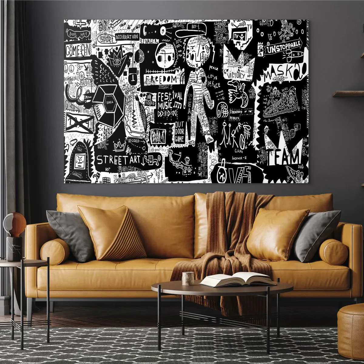 Quadro su vetro - Grafica in stile street art in bianco e nero con personaggi e simboli - 70x50cm - Gioventù spirituale di giustizia e gioia - Decorazione murale moderna per soggiorno e camera da letto ARTTOR