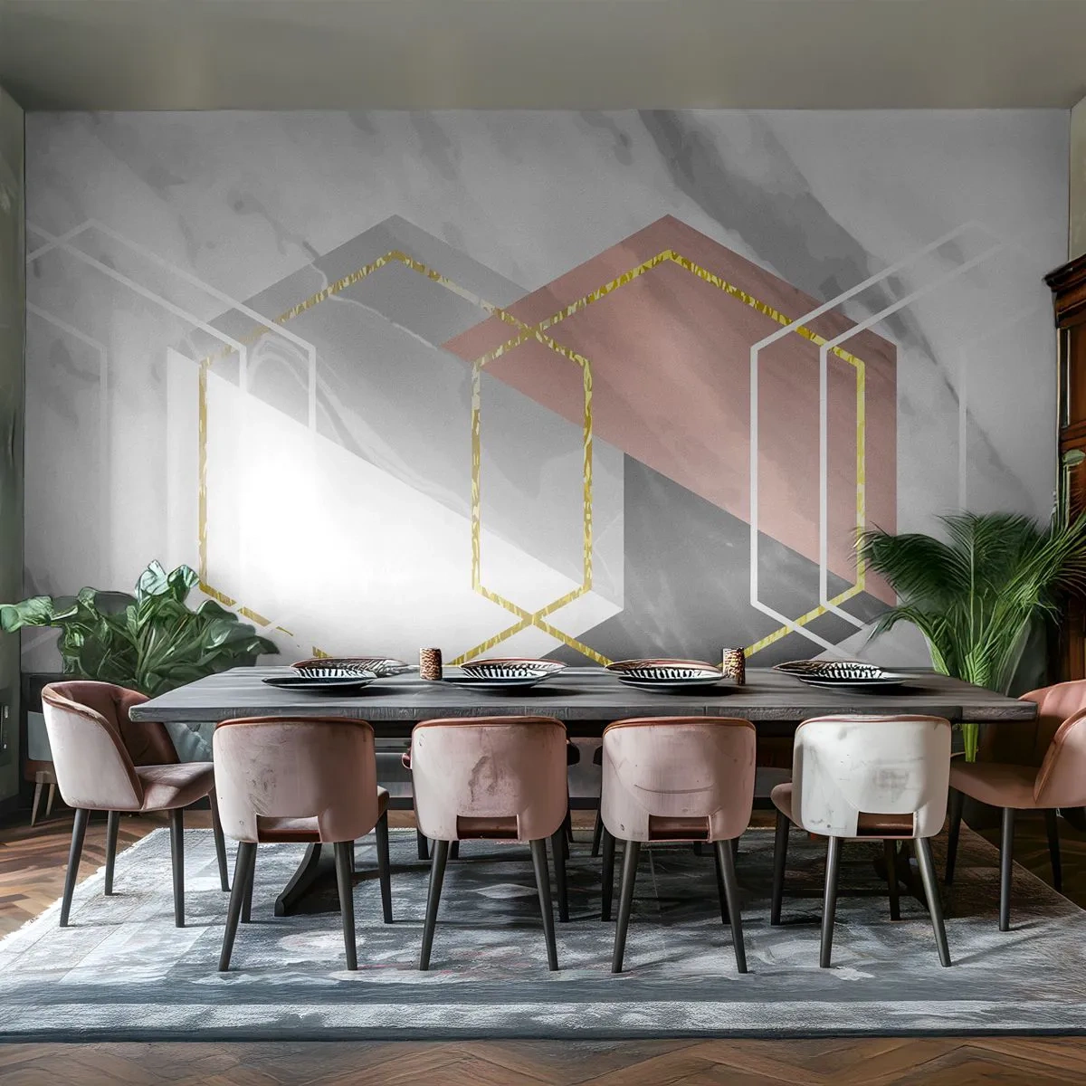 Fotomurali Premium Sand - Composizione a catena - Astrazione, Pezzo, Esagono - 350x256 cm